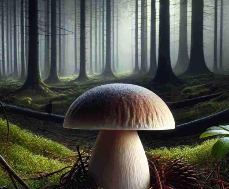 A perfectly shaped wild mushroom growing deep in the forest, untouched by human hands.