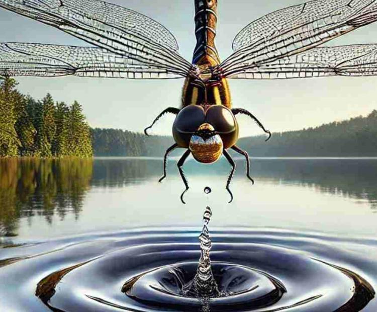 A dragonfly perched delicately on a branch over a shimmering water surface, balancing in the breeze.
