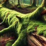 An old tree stump covered with unique growth, thriving with moss and other plant life.